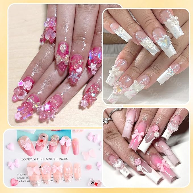 Assorted Junk Case Charms Kit, 3D Nail Charms and Flatback Pearls Gems Set, Gold Silver Nail Butterfly, Flower Bows 3D Nail Charms and Gems, Charms for Nails Design for Nail Art DIY with Pickup Tools