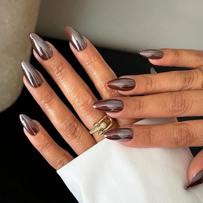 Chrome Press On Nails Almond, Glazed Chocolate Mirrored Glue on Nails Medium Press Ons, Acrylic Natural Fit Stick on Nails in 12 Sizes - 24Pcs Fake Nail Kit for Women Daily & Party Wear