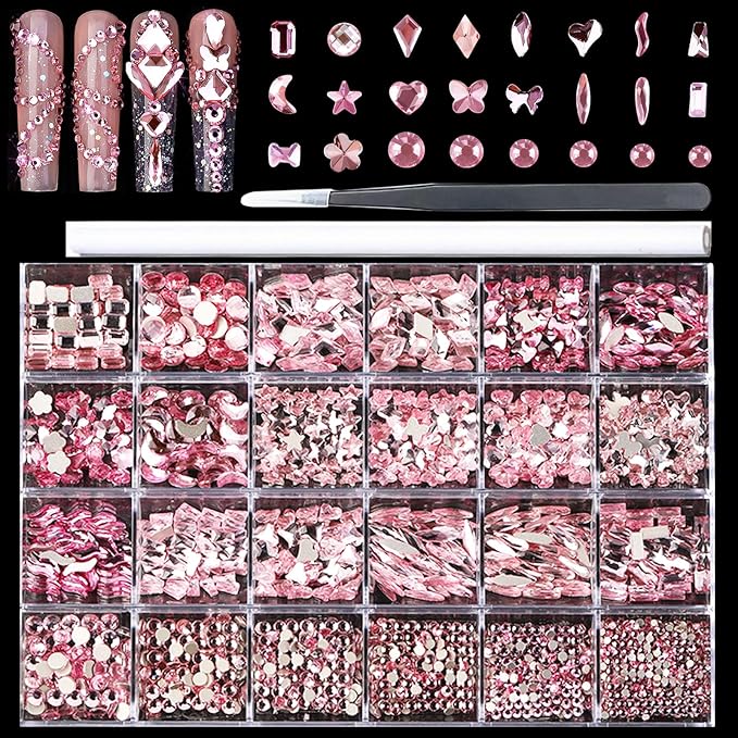 Light Pink Nail Rhinestones Kit, 18 Types of 900 Special-Shaped Nail Diamonds + 3200 Flat-Bottomed Nail Rhinestones, Nail Crystal Rhinestones for Manicure with Tweezer + Pickup Pen