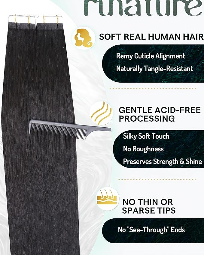 RUNATURE Human Hair Tape in Extensions Natural Black, 12 Inch 30G 20Pcs, Remy Hair Tape Ins Human Hair Extensions for Women, Straight Soft Hair, Can Be Styled with Heat Tool #1B