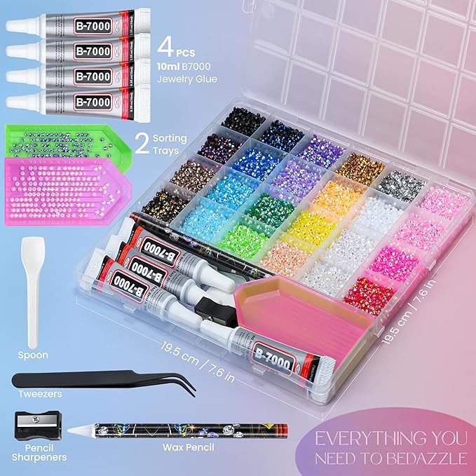 34000 Pcs Resin Jelly Rhinestones Kit, 24 Colors 3mm Flatback Rhinestones with 4 Pcs B7000 Jewelry Glue & Tools, All-in-One Bedazzling Kit for DIY Arts & Crafts Gifts