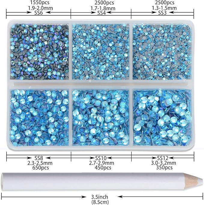 NCB Hotfix Iron on 8000pcs Crystal Rhinestones Round Gem for Crafts Decoration DIY Jewelry Making with a Picking Pen (Aquamarine AB, 6Sizes SS3-SS12)