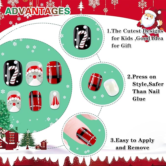 JANYUN Christmas Kids False Nails, 96 Pcs Stick On Nails Kids Full Cover Xmas Short False Nails Lovely Gift for Little Girls Nail Art Decoration (Christmas Theme)