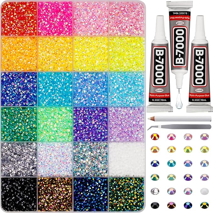 33000Pcs Rhinestones for Bedazzling, 3mm Bedazzler Kit with Flatback Rhinestones for Clothes Crafting Crafts Nails Clothing, Flat Back Resin Rainbow Colorful Colored Crystal with B 7000 Glue Clear
