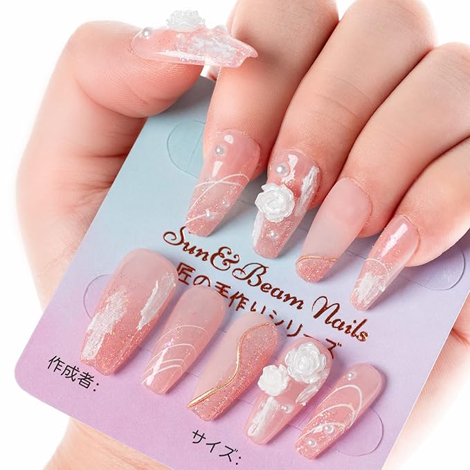 Sun&Beam Nails Handmade Press on Fake Nails Medium Long Nail Tips Popular Design Ballerina Pink 3D Flower Cute Pearl with Storage Box 10 Pcs (002 XS)