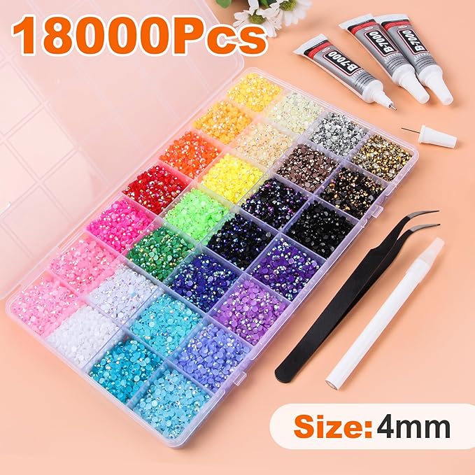 18000Pcs Resin Jelly Rhinestones for Bedazzling, 28 Colors 4mm Flatback Gems for Diamond Art, Bedazzler Kit with 3Pcs 10ml B7000 Jewelry Glue for Crafting Crafts Book Shoes Nail Art