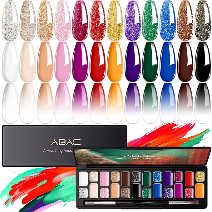 ABAC 24 Color Solid Gel Nail Polish,Ombre Gel Nail Polish,Pat Paint Nail Gel- Hema-Free No-Spill Formula w/Pro Brush Christmas NYE Party Nails,DIY Gift Set Clump-Free Shimmer