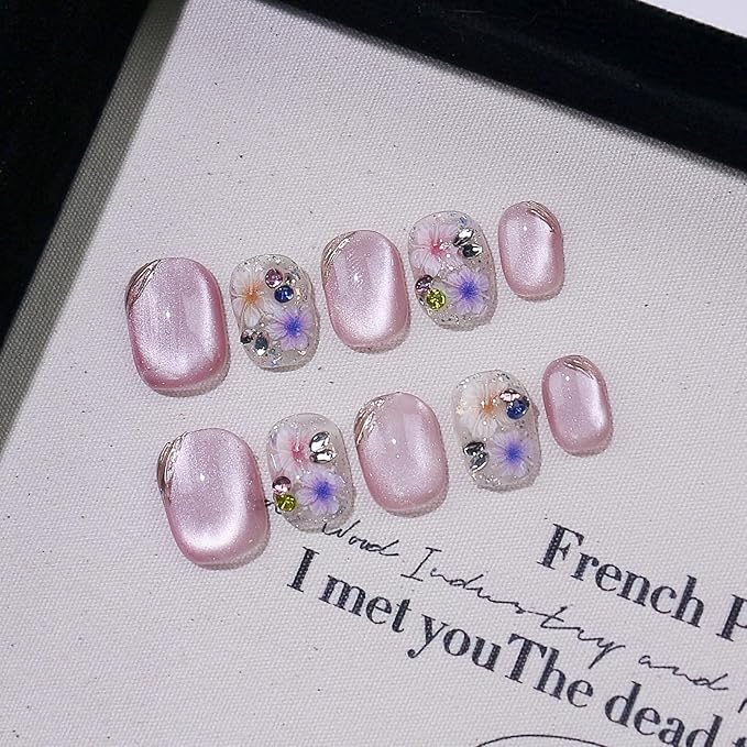 Short Square Press on Nails - Handmade Manicure Art Reusable False Nails 10pcs with Solid Nail Glue, Nail Adhesive Tabs, Strong Nail Glue (307-Short)