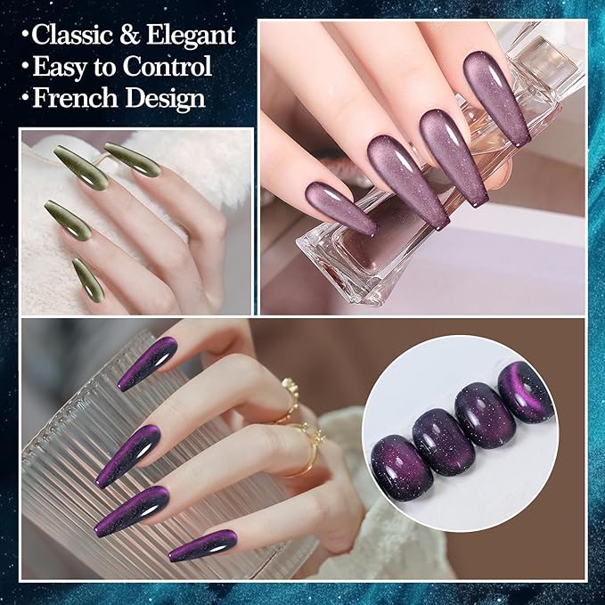 Adhere 7Pcs 12ML Cat Eye Gel Nail Polish Set, Multi Colorful Light Reflective Glitter Cat Eye, Sparkling Diamond Magnetic Shine Pearl Color Dark Cat Eye with Magnet