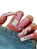 10PCS Pink Glitter Press On Nails – Long Coffin Fake Nails with 3D Flowers, Rhinestones & Scalloped Edge Design, Glossy Reusable Sparkly Nails for Women and Girls – Euphrosyne