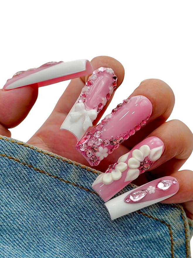 10PCS Pink Glitter Press On Nails – Long Coffin Fake Nails with 3D Flowers, Rhinestones & Scalloped Edge Design, Glossy Reusable Sparkly Nails for Women and Girls – Euphrosyne