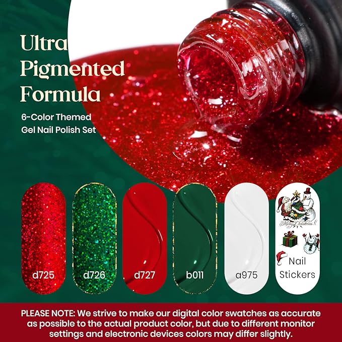 beetles Gel Polish Set - Eif Collection, Sparkle Red Green Glitter Gel Polish Kit Soak Off UV LED Gel Nail Kit with Nail Strengthener Gel Sticker Gift for Women