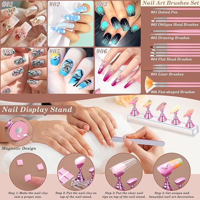 600PCS Clear Coffin Nail Tips and 240PCS Short Press On Nails Set, Clear Acrylic Nail Tips with Glue, Nail Art Brushes and Nail Display Stand, Nail Tips for Salons and Home DIY Nail Art