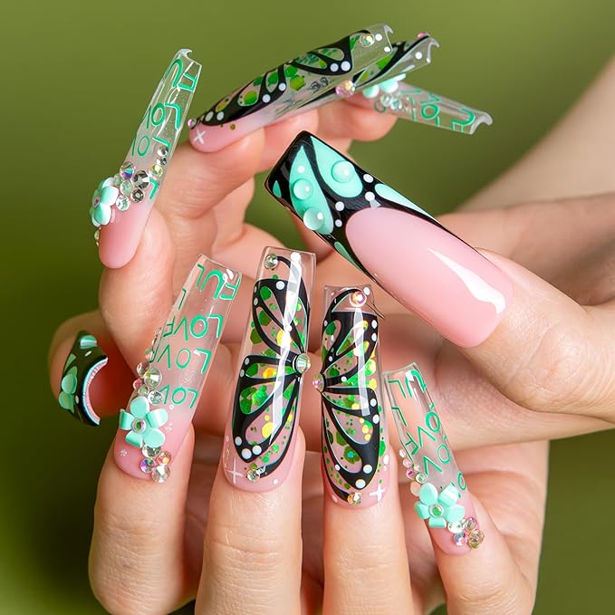 LOVFUL Press on Nails Teal Flutter| Handmade Acrylic Press ons| Reusable Fake False Nails| Square Mid length 1.7in| H724-S
