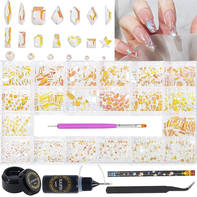 HNUIX Nail Rhinestones - 3200pcs Crystals Aurora, Multiple Shape Gems, Flatback Rhinestones, with Kit and Glue Gel, for Nail Art