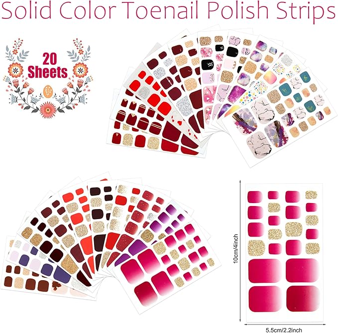 JERCLITY 440 Pieces 20 Sheets Toe Nail Stickers Full Nail Wraps Self-Adhesive Glitter Toenail Polish Strips Full Nail Stickers Nail Art Decals Strips with Nail File for Women Girls Kids（Warm Colors）