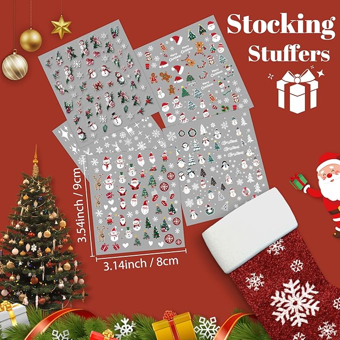 9 Sheets Christmas Nail Art Stickers, Embroidery Nail Sticker Decals for Girl Women, Xmas Tree Santa Claus Nail Stickers for Nail Art Kids Christmas Stocking Stuffers Gifts Decoration Self-Adhesive