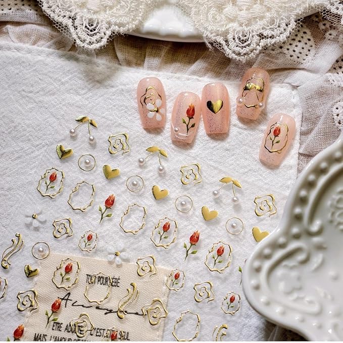 Flower Nail Stickers 3D Self Adhesive Tulip Floral Nail Art Stickers 5D Embossed Pearl Hearts Nail Decals Gold Lines Nail Art Supplies Cute Nail Design for Women Girls 1 Sheets