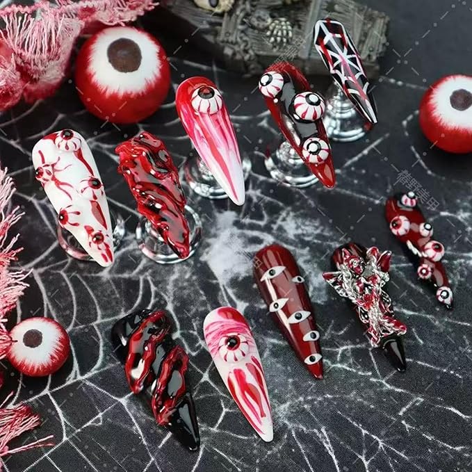 100% Handmade Press on Nails Long Stiletto Halloween Fake Nails with Evil Eye Charms Design Red Black Ombre False Nails Acrylic Handmade Nail Press Ons for Women Girls Manicure Size M