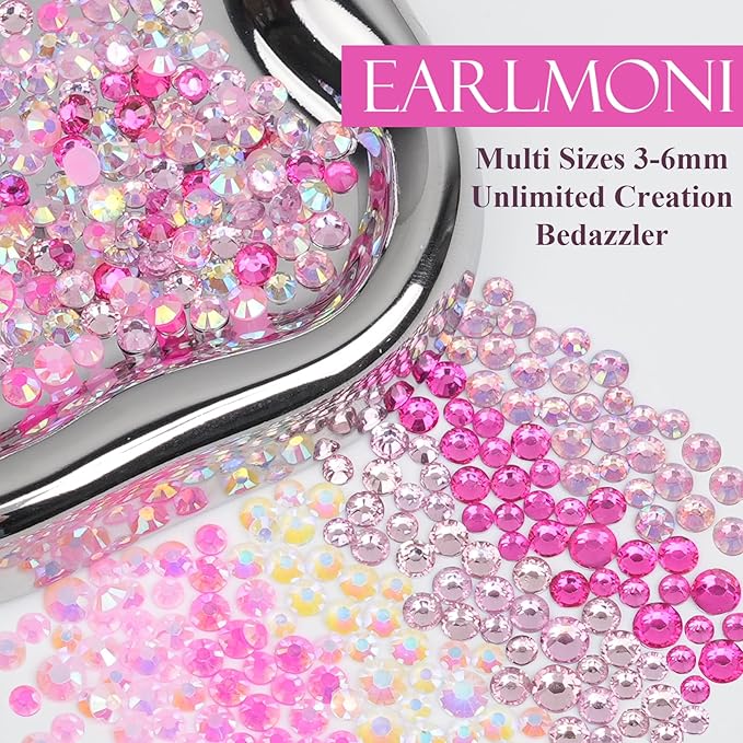 Resin Jelly Rhinestones for Bedazzling, EARLMONI Multi Colord Bedazzler Kit with 15ml B7000 Rhinestone Glue Rhinestone Pen Tool for Clothes Nail Art (Pink, 3/4/5/6MM)