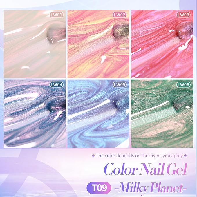 Born Pretty 6 Colors Pearl Gel Nail Polish Set,Aurora Iridescent Shimmer White Pink Purple Mermaid Glitter Gel Polish Shell Swirl Thread Effect Glitter Silk Soak Off U V LED Gift for Women & Girls
