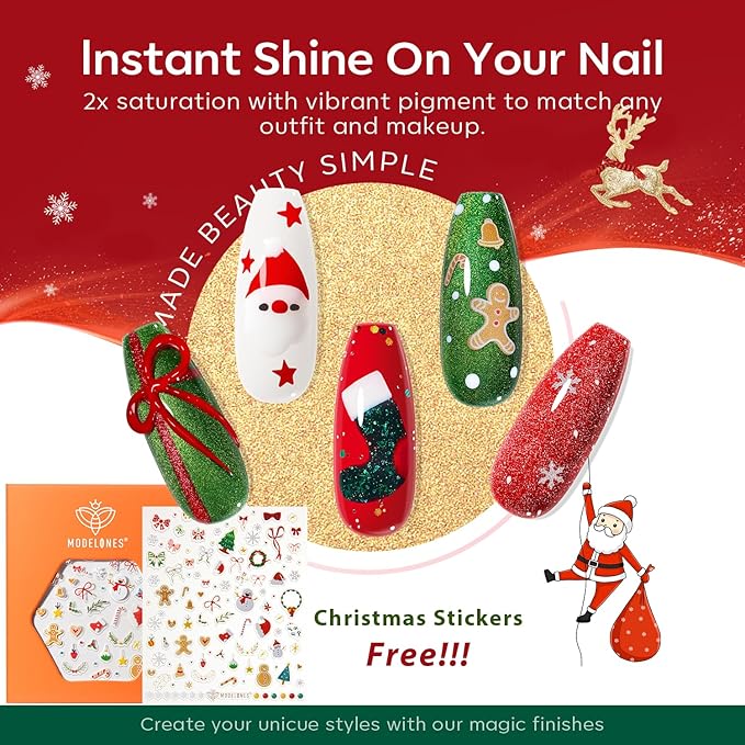 modelones Gel Nail Polish Set, 6 Colors White Red Dark Green 9D Cat Eye Gel Polish Gold Stars Ornament Glitter Nail Polish with Stickers & Magnet & Wooden Stick LED Mani DIY Gift
