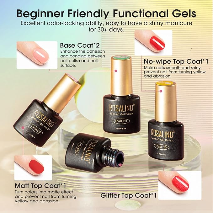 ROSALIND 65PCS Gel Nail Polish Set, 60 Colors Glitter Red Gel Polish with 5 Bottles of Base and Glossy Matte Top Coat Soak off Nail Set Suitable for All Seasons