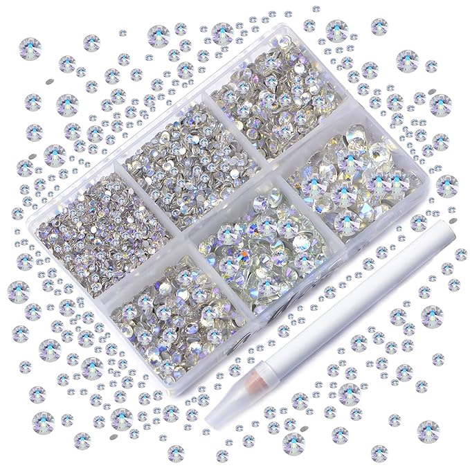 AD Beads 4300 Pieces Flat Back Nail Art Rhinestones Round Beads 6 Sizes (2-6.5mm) with Storage Organizer Box,Rhinestones Picking Pen for Nail Art Phone Decorations Crafts DIY (Paradise Shine)