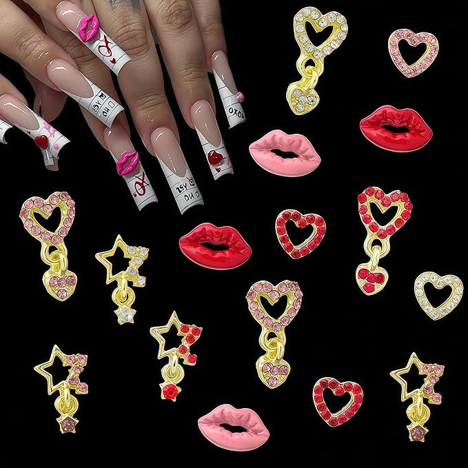 84PCS Nail Charms and Gems Gold Red Rhinestones for Nails Design，3D Heart Star Lip Piercing Y2k Nail Jewels Bulk Nail Art Decor Set