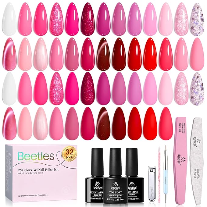 Beetles Pink Gel Polish Set - Love's Prism 25 Color Pink Gel Polish Set with Nail Tools, Pink White Red Glitter Pearl Spring Nails, Salon DIY Soak Off UV Nail Lamp Easter Gifts for Women