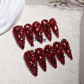 Long Almond Press on Nails Handmade Fake Nails Sparkly Red Rhinestones Full Cover False Nails with Designs Luxury Reusable Stick on Nail for Women 10Pcs(Size M)