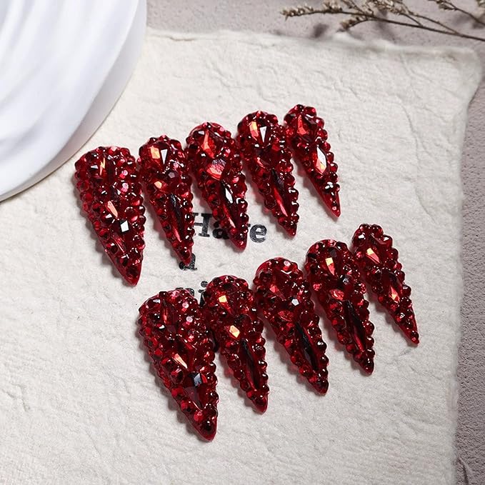 Long Almond Press on Nails Handmade Fake Nails Sparkly Red Rhinestones Full Cover False Nails with Designs Luxury Reusable Stick on Nail for Women 10Pcs(Size M)
