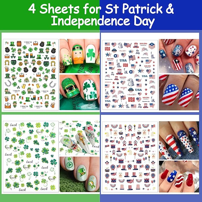 TailaiMei 20 Sheet All Holidays Nail Art Stickers, Mixed Seasons Variety Pack for Halloween Fall Christmas Valentine's Day Nail Decals, Self-Adhesive Design Year Round Assorted Nail Decorations