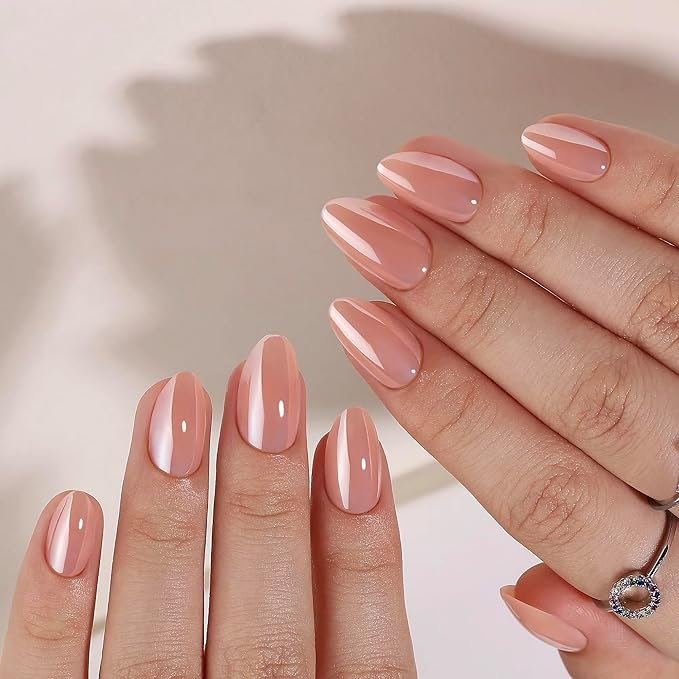Press On Nails - Silk Blush | Pearl Chrome Nude Medium Almond Fake Nails, Salon Quality | 32 Nails, 16 Sizes Kit with Glue and Adhesive Tabs I Female Founded - Beauty, Self Care