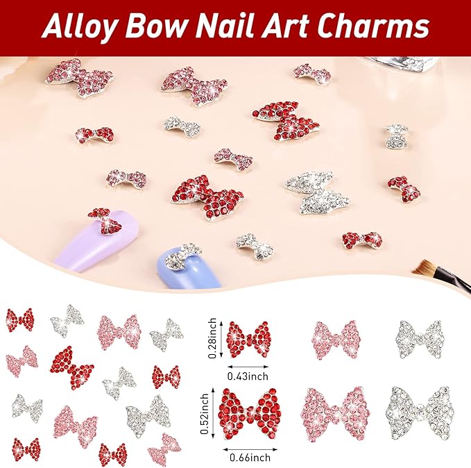 Maitys 24 Pieces Nail Bows Charms Rhinestones 3D Charms Alloy Pearl Bow Knot Accessory for Valentine's Day Women DIY Xmas Salon Jewelry Craft(Red, Gold, Rose Red)
