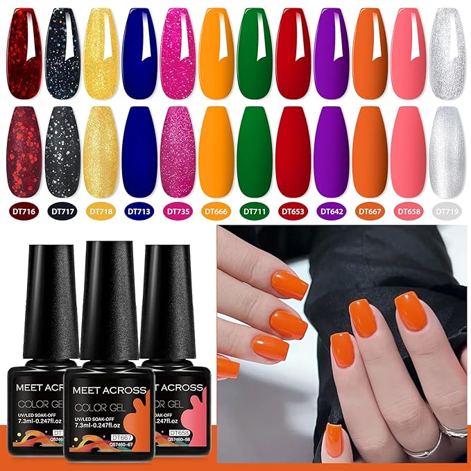 MEET ACROSS 12pcs Gel Nail Polish Set,Soak Off UV LED Lamp Gel Nail Polish Kit,Fashion Shimmer Nail Art Design Gifts for Women Manicure Salon (Base Series)