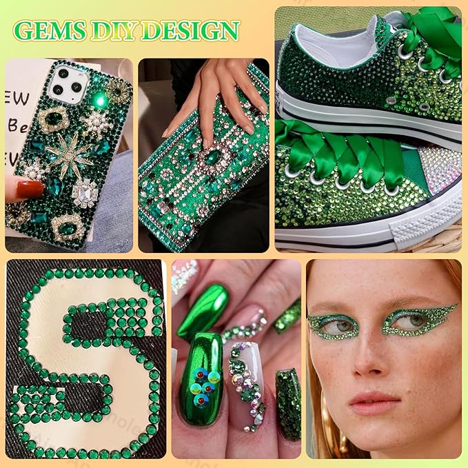 22000Pcs Green Rhinestones for Bedazzling, Jelly Bedazzling Resin Gems 3-5mm, Blue White Gems Bedazzling Kit for Crafting, Flatback Color Light Green Blue AB Gems for Nails Face Makeup Tumblers