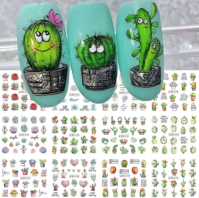 12 Sheets Green Cactus Nail Art Stickers Spring Summer Fall Winter Nail Stickers Cute Water Transfer Nail Decals Holiday Nail Art Supplies for Women Nail Decorations