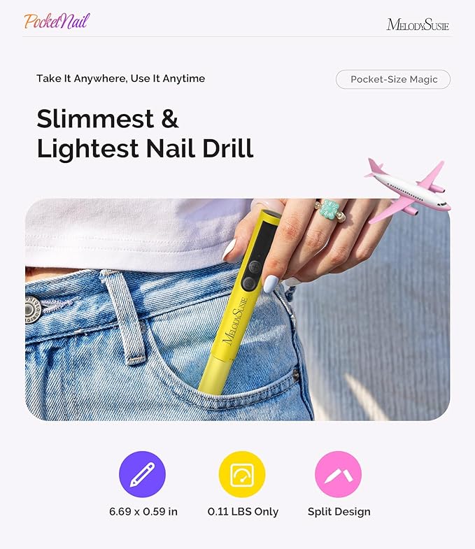 MelodySusie PocketNail Pen-Shaped Cordless Modular Nail Drill, Extended Kit, PC100GR 20000RPM Slim Portable Rechargeable Electric File for Nail Care & Gel Removal at Home for Beginners, Lemon Grass