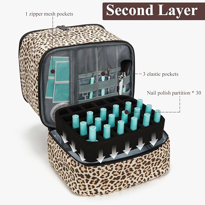 Nail Polish Organizer Aesthetic Nail Organizers and Storage, Bow Nail Supplies Kit Organizer Travel Carrying Case for Manicure Tools (Leopard A, 2 Layer)