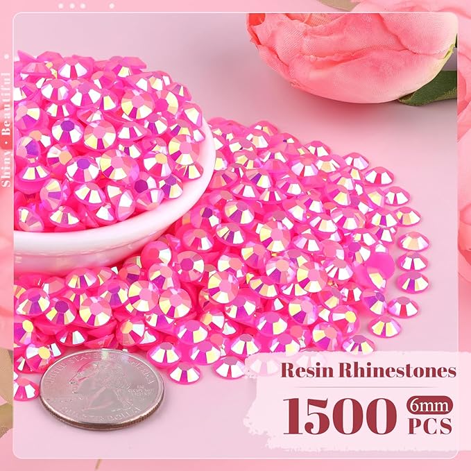 1500PCS 6mm Resin Jelly Rhinestones in Bulk (Hot Pink AB), Bedazzling Flatback Crystals Rhinestones for Crafting DIY Nail Decoration, Gems Diomand Charms for Tumbler Shoes Clothing Fabric