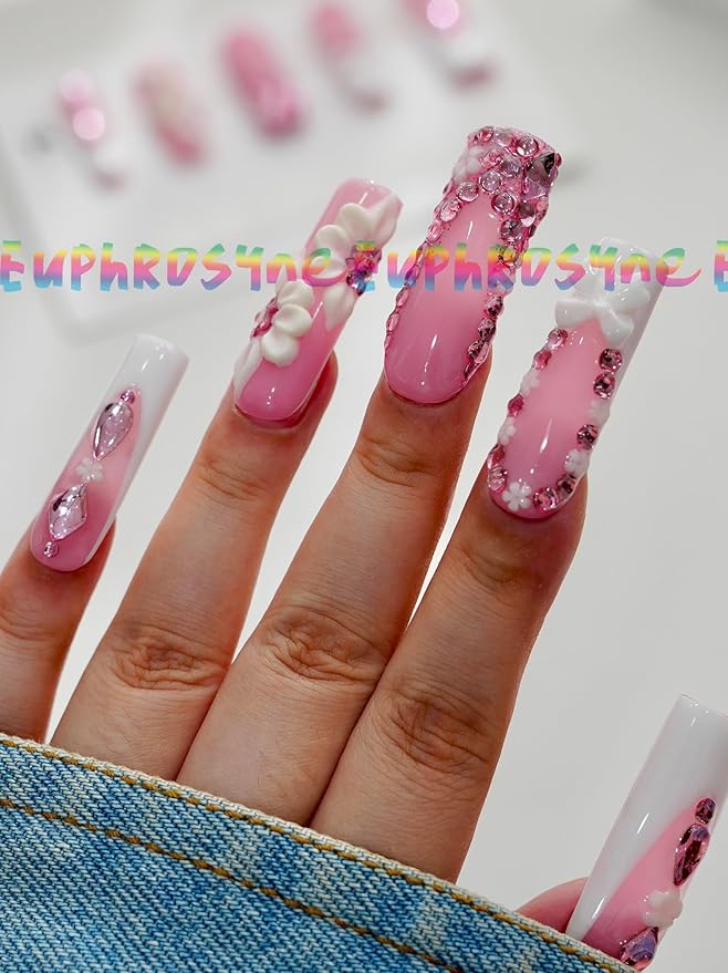 10PCS Pink Glitter Press On Nails – Long Coffin Fake Nails with 3D Flowers, Rhinestones & Scalloped Edge Design, Glossy Reusable Sparkly Nails for Women and Girls – Euphrosyne