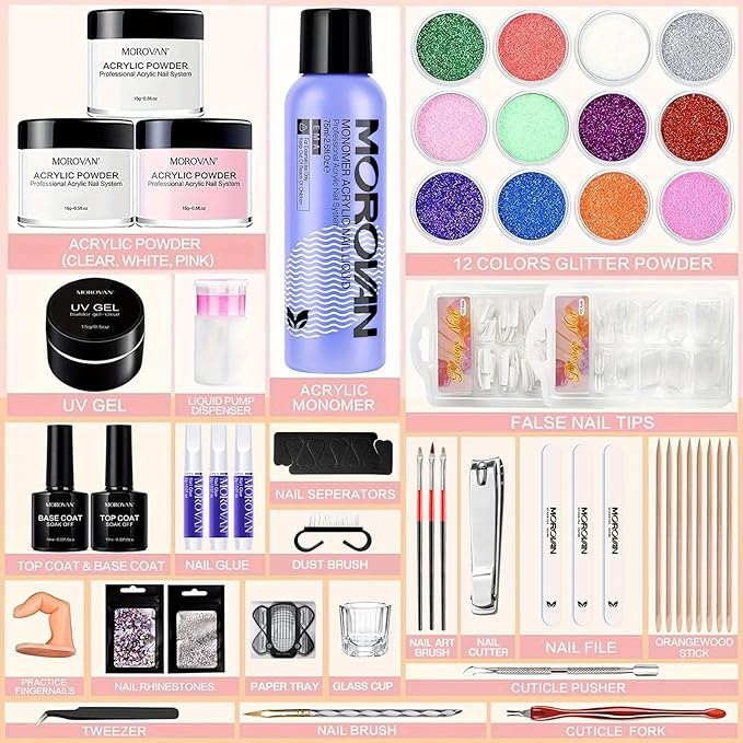 Morovan Monomer Acrylic Nail Liquid with Powder Kit Glitter Acrylic Powders Set for Nail Art Decoration Extension DIY at Home