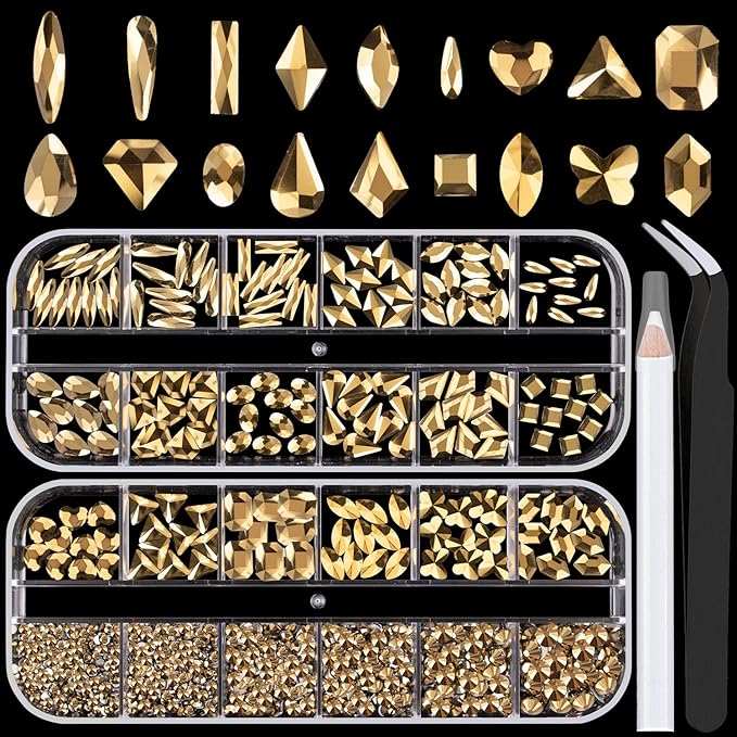 18 Styles Multi-Shaped Glass Gemstones for Nails and 6 Sizes Round Crystal Rhinestones Kit #9, Mineral Gold Nail Art Charm Bead Manicure Decoration with Pickup Pencil and Tweezer