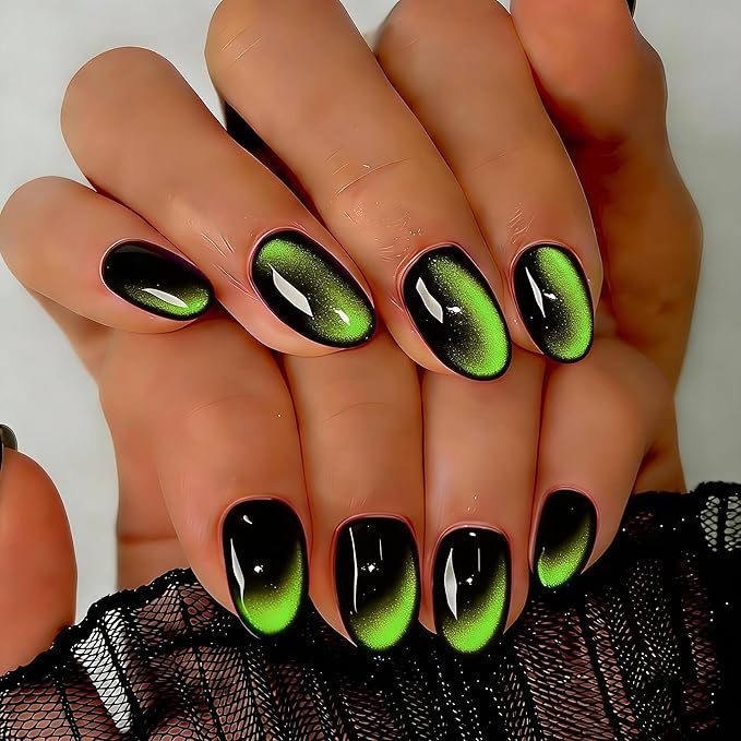 Cat Eye Press on Nails Short, Chrome Press on Nails Oval, Thick Glazed Black Neon Green Fake Nails Press ons for Women Party Prom, Reusable Glitter Glue On Nails Almond in 15 Sizes, 30 Pcs