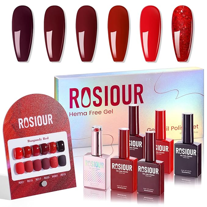 6PCS 18ml Red Gel Nail Polish Set- Hema Free Wine Dark Glitter Red Soak off Gel Polish Set with Swatch Board - One Color One Bottle Gel Colors Nail Art Manicure Salon DIY at Home for Women Girl