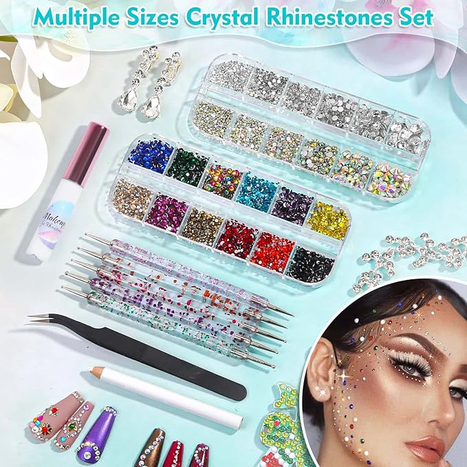 5608Pcs Makeup Rhinestones with Face Glue, Flatback Colorful Face Gems Crystal AB&Clear Eye Jewels with Pickup Dotting Tools for Eye, Body Makeup, Nail Art and DIY Crafts