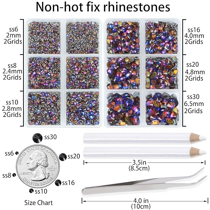 LPBeads 6000 Pieces Blue Volcano Non Hotfix Rhinestones 6 Sizes Round Crystal Glass Flat Back Rhinestones with Tweezers and Picking Pen for Nail Art Crafts Clothes Bags DIY
