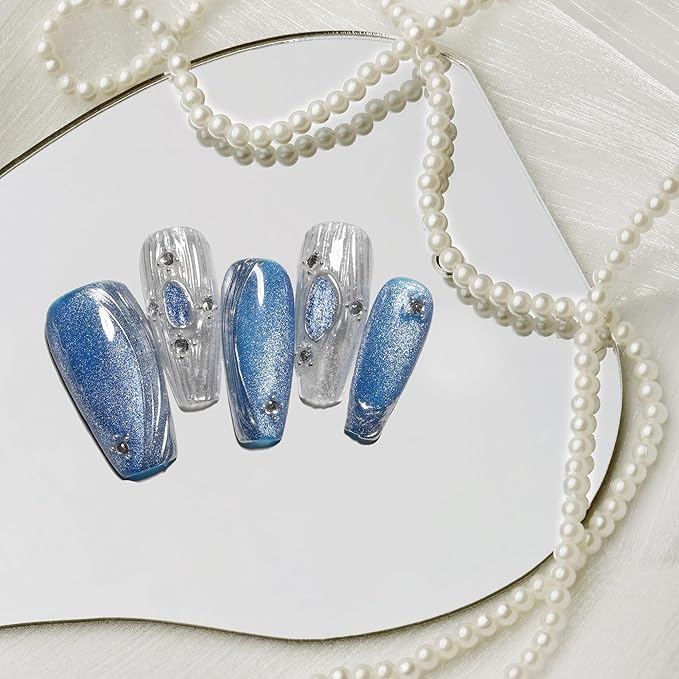 Sun&Beam Nails Handmade Press-on Medium Long Coffin Nails Silver White Blue False Nail Tips Design Baroque Style Fashionable 10 Pcs Set (#154 L)