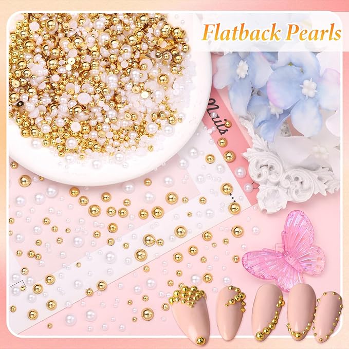 Caviar Beads for Nails, Gold White Pearls Nail Beads Charms, Mix Size Nail Caviar Beads Half Flatback Pearls for Nail, Nail Beads Charms for Nails Design DIY Crafts Accessories